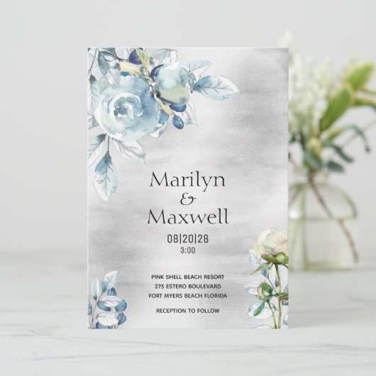 Silver Dusty Blue Peony Wedding Invitation Aankondiging (Staand voorkant)