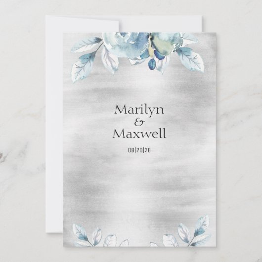 Silver Dusty Blue Peony Wedding Invitation Aankondiging (Achterkant)
