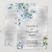 Silver Dusty Blue Peony Wedding Invitation Aankondiging (Voorkant / Achterkant)