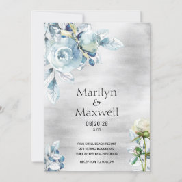 Silver Dusty Blue Peony Wedding Invitation Aankondiging