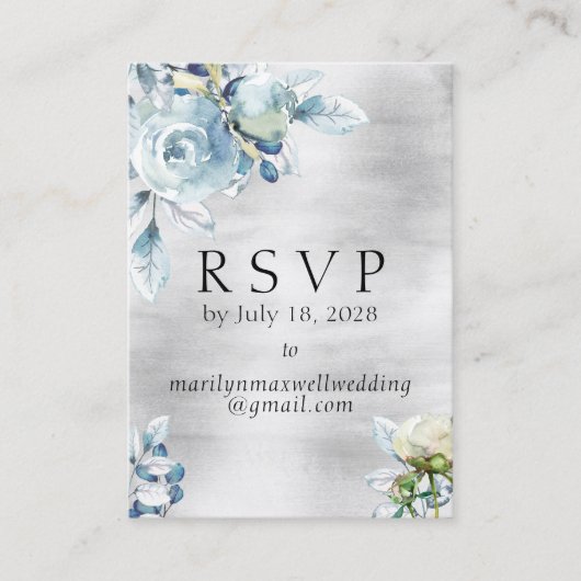 Silver Dusty Blue Peony Wedding Online RSVP Detail Visitekaartje (Voorkant)