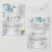 Silver Dusty Blue Peony Wedding Online RSVP Detail Visitekaartje (Voorkant / Achterkant)