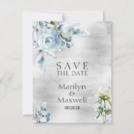 Silver Dusty Blue Peony Wedding Save the Date Aankondiging