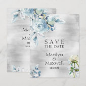 Silver Dusty Blue Peony Wedding Save the Date Aankondiging (Voorkant / Achterkant)