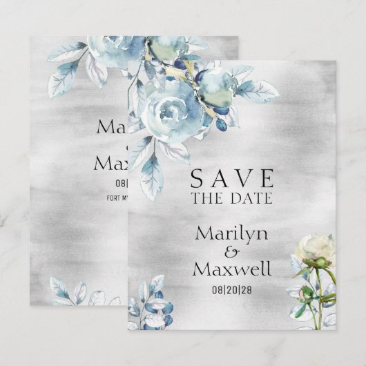 Silver Dusty Blue Peony Wedding Save the Date Aankondiging (Voorkant / Achterkant)