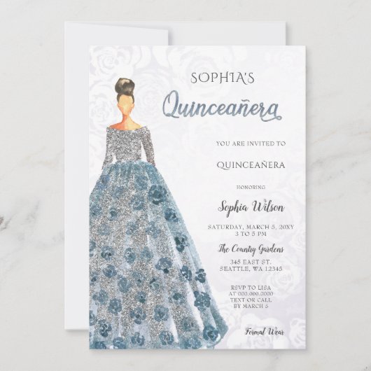 Silver Dusty Blue Sparkle Dress Quinceanera Kaart (Voorkant)