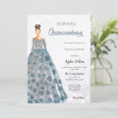 Silver Dusty Blue Sparkle Dress Quinceanera Kaart (Staand voorkant)