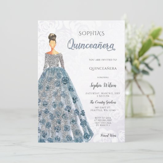 Silver Dusty Blue Sparkle Dress Quinceanera Kaart (Staand voorkant)