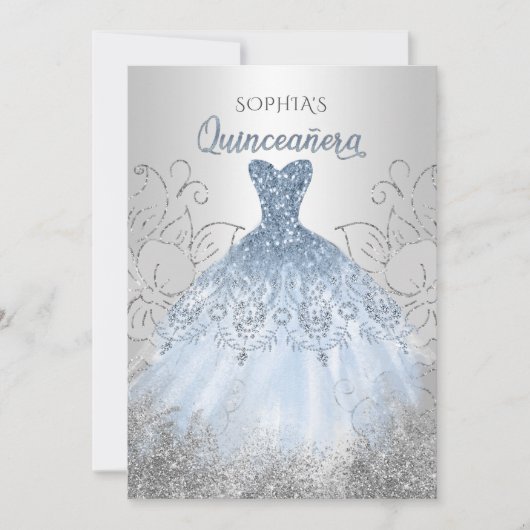 Silver Dusty Blue Sparkle Dress Quinceañera Quince Kaart (Voorkant)