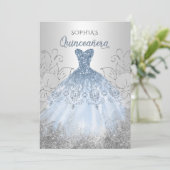 Silver Dusty Blue Sparkle Dress Quinceañera Quince Kaart (Staand voorkant)