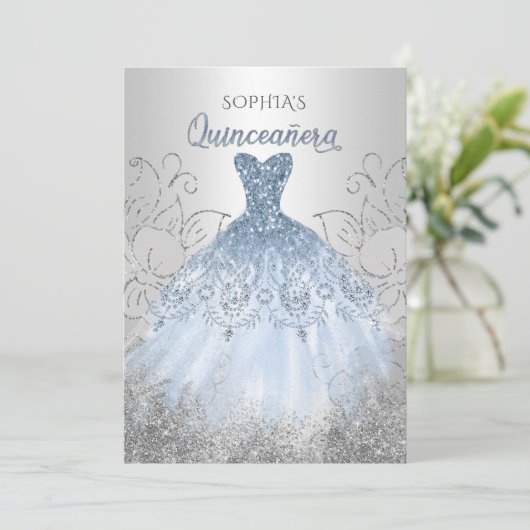 Silver Dusty Blue Sparkle Dress Quinceañera Quince Kaart (Staand voorkant)