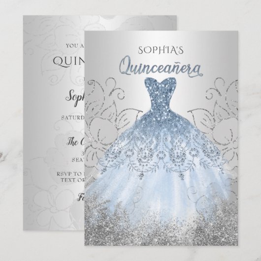 Silver Dusty Blue Sparkle Dress Quinceañera Quince Kaart (Voorkant / Achterkant)