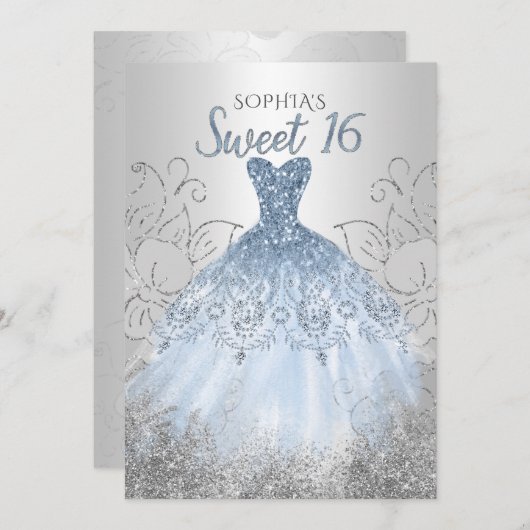 Silver Dusty Blue Sparkle Dress Sweet 16-jarig Kaart (Voorkant / Achterkant)