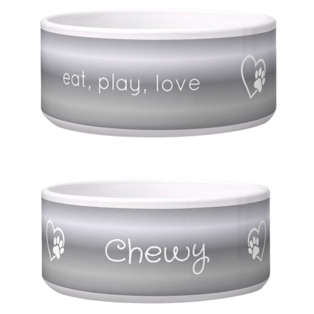 Silver 'eat, play, love' Dog Name Bowl Voerbakje (Creator heeft geüpload)