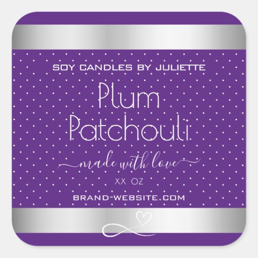 Silver Effect Paars Plum Soy Candles Packaging Vierkante Sticker (Voorkant)