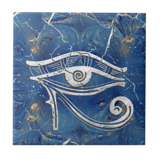 Silver Egyptian Eye of Horus  on blue marble Tegeltje (Voorkant)