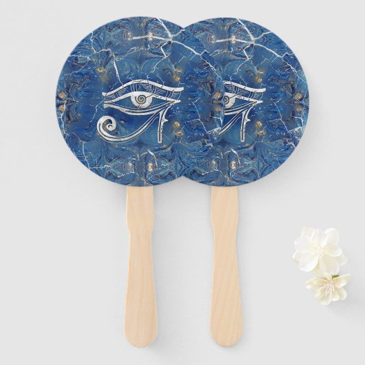 Silver Egyptian Eye of Horus over blauwe marmer Handwaaier (Voorkant en achterkant)