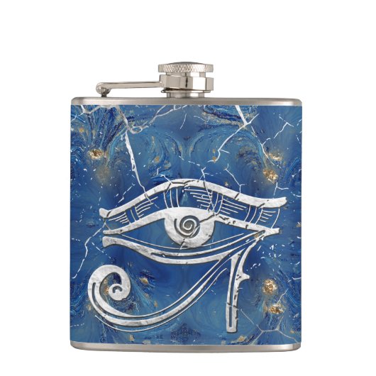 Silver Egyptian Eye of Horus over blauwe marmer Heupfles (Voorkant)