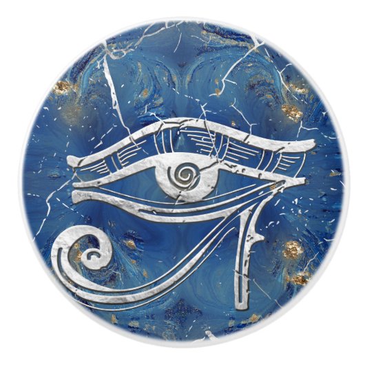Silver Egyptian Eye of Horus over blauwe marmer Keramische Knop (Voorkant)