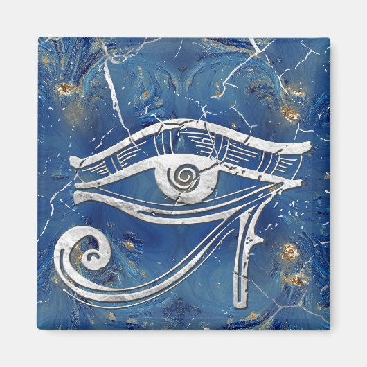 Silver Egyptian Eye of Horus over blauwe marmer Magneet (Voorkant)
