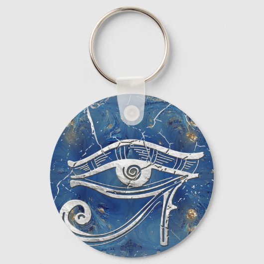 Silver Egyptian Eye of Horus over blauwe marmer Sleutelhanger (Voorkant)