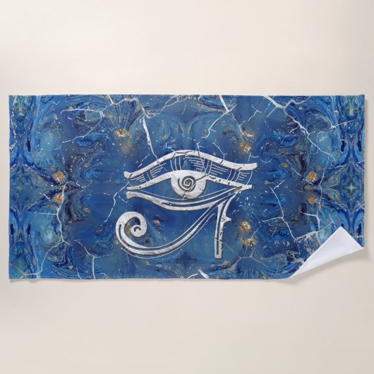 Silver Egyptian Eye of Horus over blauwe marmer Strandlaken (Voorkant)