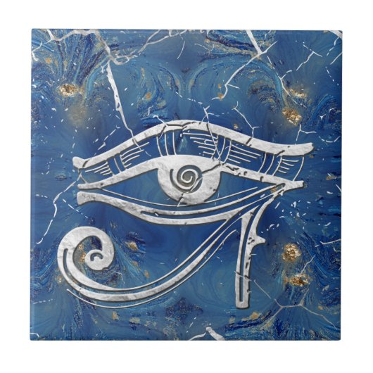 Silver Egyptian Eye of Horus over blauwe marmer Tegeltje (Voorkant)