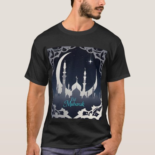 Silver Eid Mubarak Moskee Design Mannen Tshirt (Voorkant)