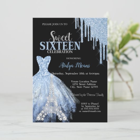 Silver Eiffel Tower Blue Glitter Drips Dress Zwart Kaart (Staand voorkant)