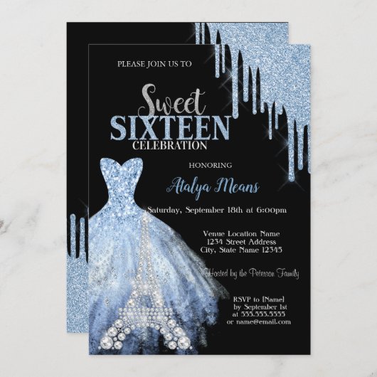 Silver Eiffel Tower Blue Glitter Drips Dress Zwart Kaart (Voorkant / Achterkant)