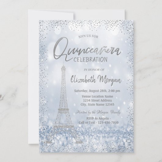Silver Eiffel Tower Confetti Bokeh Quinceañera Kaart (Voorkant)