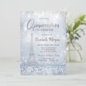 Silver Eiffel Tower Confetti Bokeh Quinceañera Kaart (Staand voorkant)