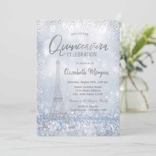 Silver Eiffel Tower Confetti Bokeh Quinceañera Kaart (Staand voorkant)