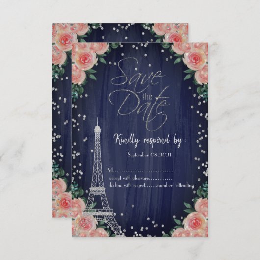 Silver Eiffel Tower Diamonds Floral RSVP Kaart (Voorkant / Achterkant)