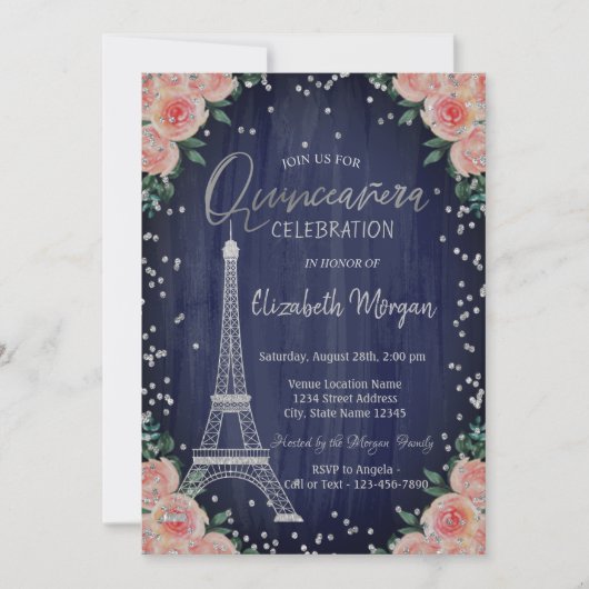 Silver Eiffel Tower Diamonds Flowers Quinceañera Kaart (Voorkant)