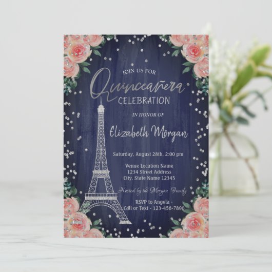 Silver Eiffel Tower Diamonds Flowers Quinceañera Kaart (Staand voorkant)