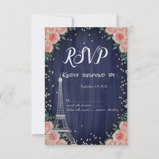 Silver Eiffel Tower Diamonds Flowers RSVP Kaart (Voorkant)