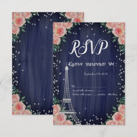 Silver Eiffel Tower Diamonds Flowers RSVP Kaart (Voorkant / Achterkant)