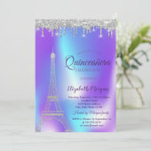 Silver Eiffel Tower, Drives Holographic Quinceañer Kaart (Staand voorkant)