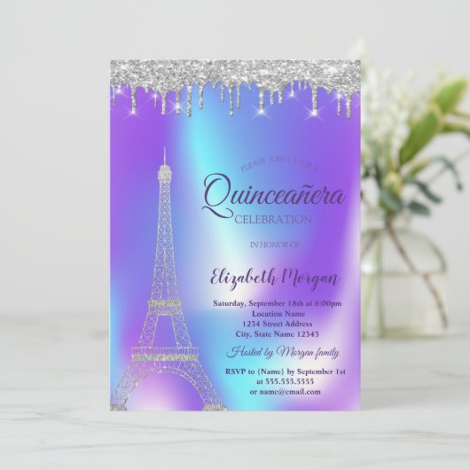 Silver Eiffel Tower, Drives Holographic Quinceañer Kaart (Staand voorkant)