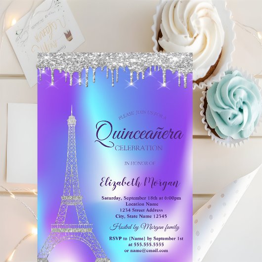 Silver Eiffel Tower, Drives Holographic Quinceañer Kaart