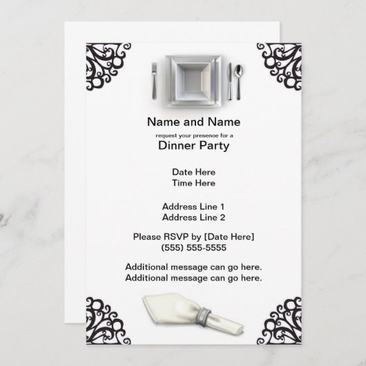 Silver Elegance Custom Dinner Party nodigt uit Kaart (Voorkant / Achterkant)