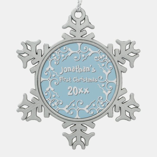 Silver Elegance - Eerste Kerstmis op persoonlijke Tin Sneeuwvlok Ornament (Voorkant)