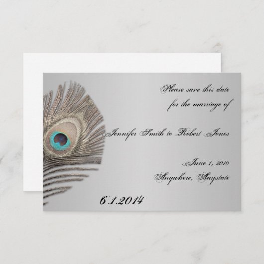 Silver Elegance Peacock Sla de datum op Save The Date (Voorkant / Achterkant)
