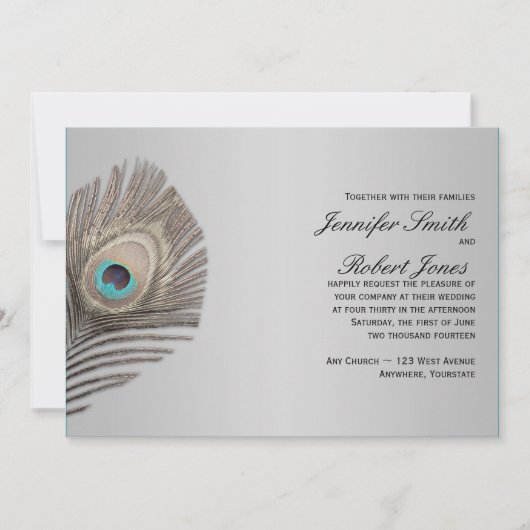 Silver Elegance Peacock Wedding Invitation Kaart (Voorkant)
