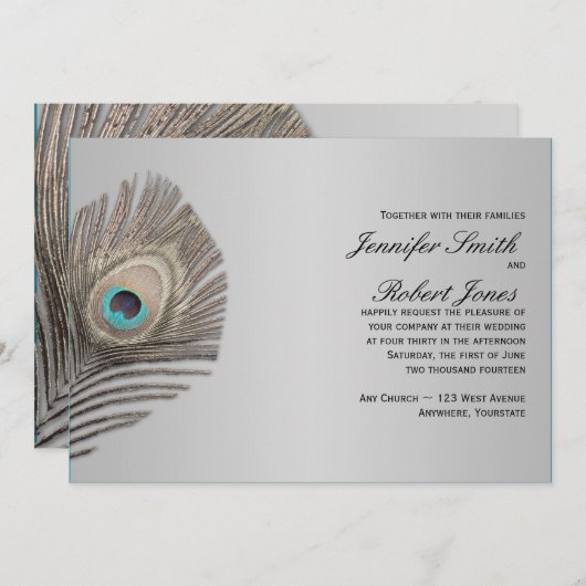 Silver Elegance Peacock Wedding Invitation Kaart (Voorkant / Achterkant)