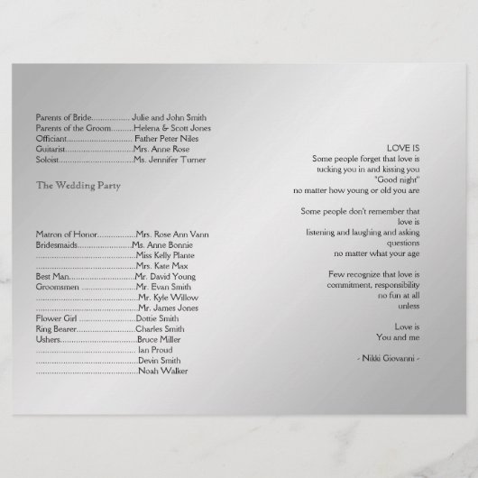 Silver Elegance Wedding Program (Achterkant)
