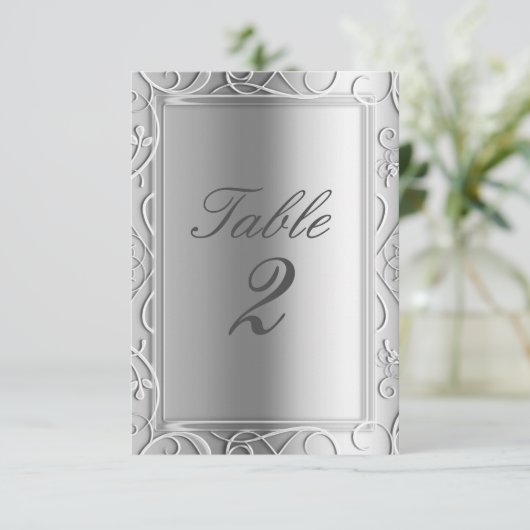 Silver Elegant Glamor Wedding Table Number Kaart (Staand voorkant)