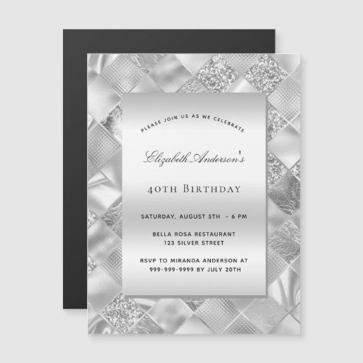 Silver elegant modern luxe verjaardag magnetische uitnodiging (Voorkant / Achterkant)