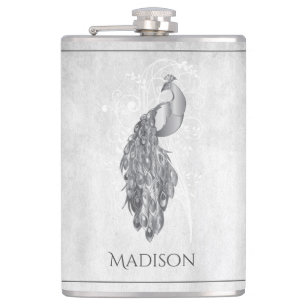 Silver Elegant Peacock Flask Heupfles
